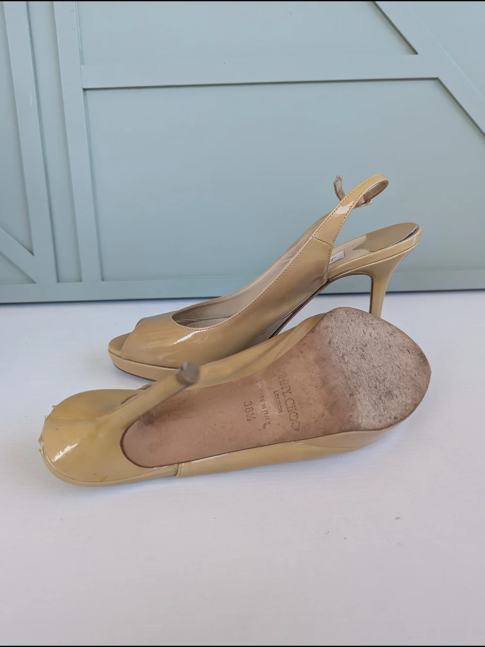 Jimmy Choo Beige Patent Leather Peep-Toe Slingback Wedges